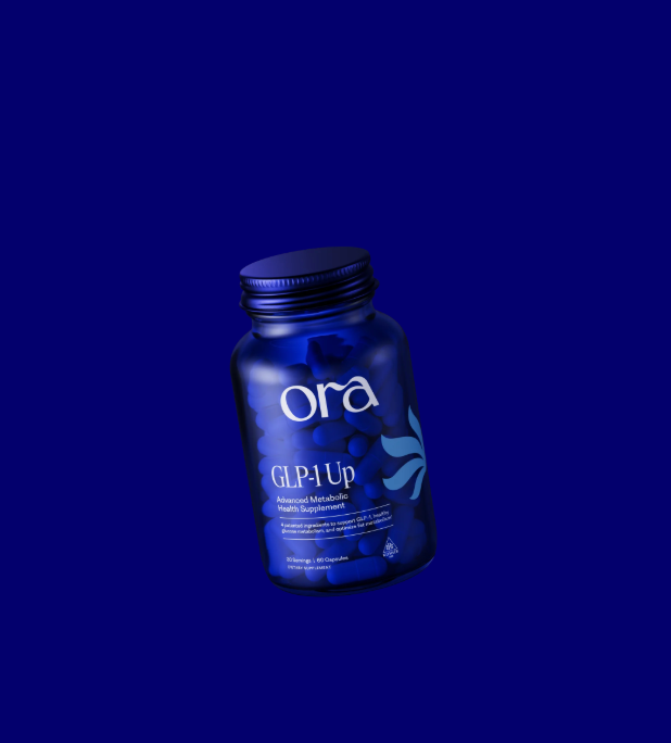 A bottle of Ora GLP-1 Up capsules against a deep blue background