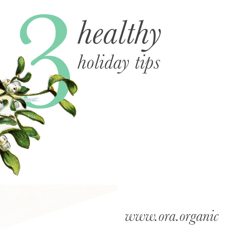 Graphic reading '3 healthy holiday tips' with a sprig of greenery