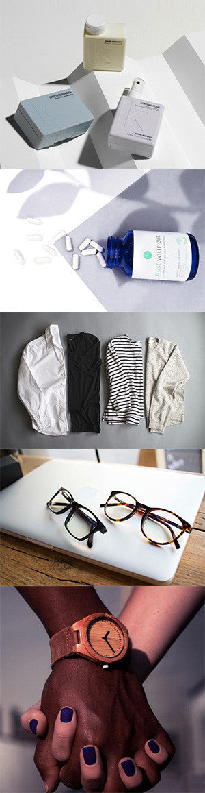 Collage of holiday gift ideas including glasses, a watch and clothing