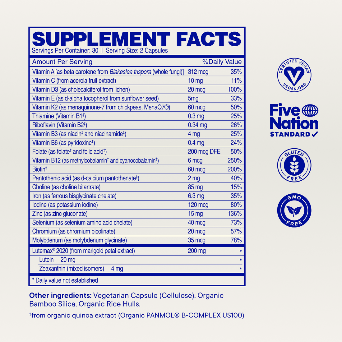 Plant-based Multivitamin supplement facts, Default Title