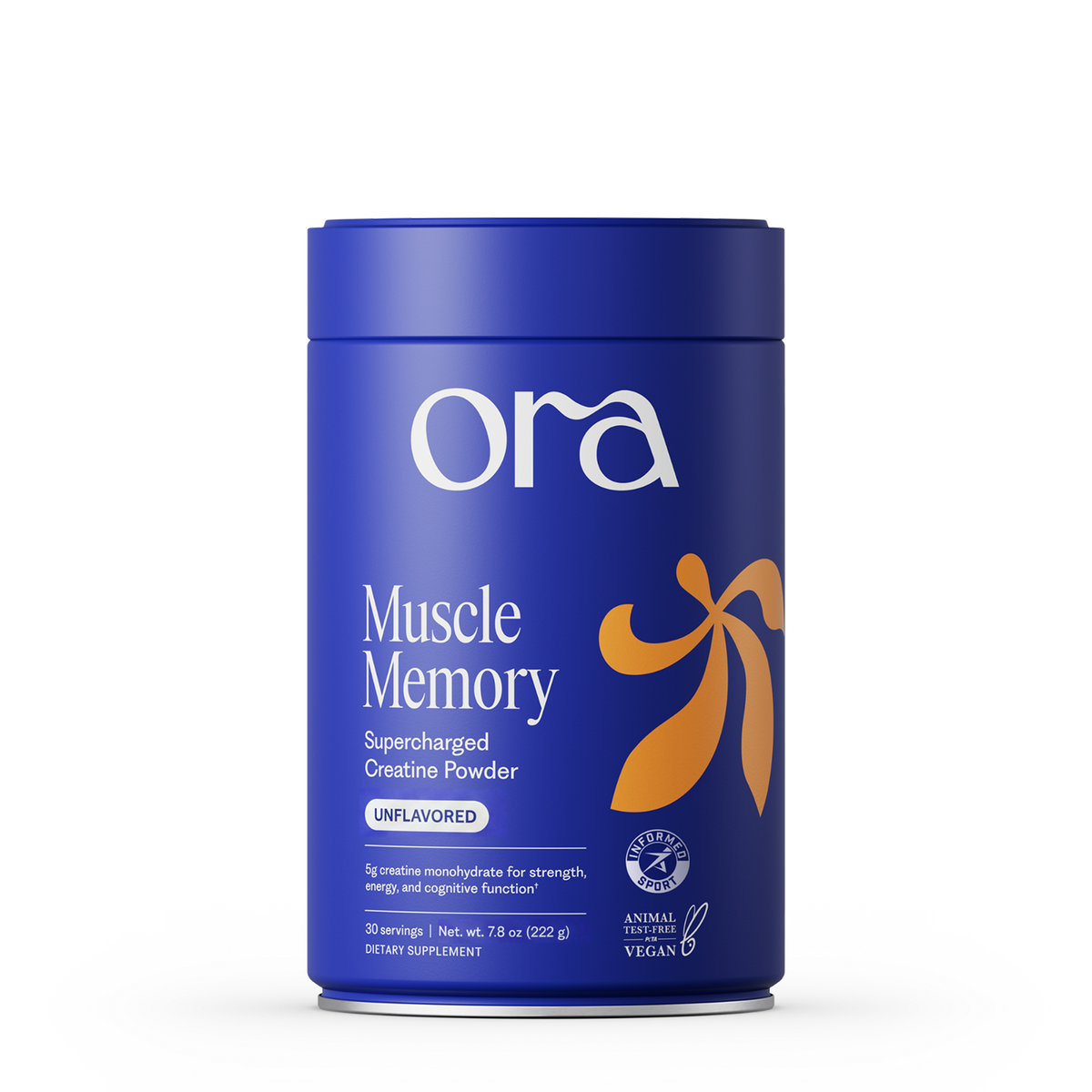 A blue cylindrical canister of Ora Muscle Memory unflavored and unsweetened creatine powder with creavitalis