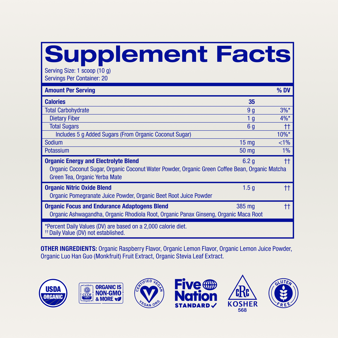 Organic Pre-Workout Powder supplement facts, Raspberry Lemonade / 20