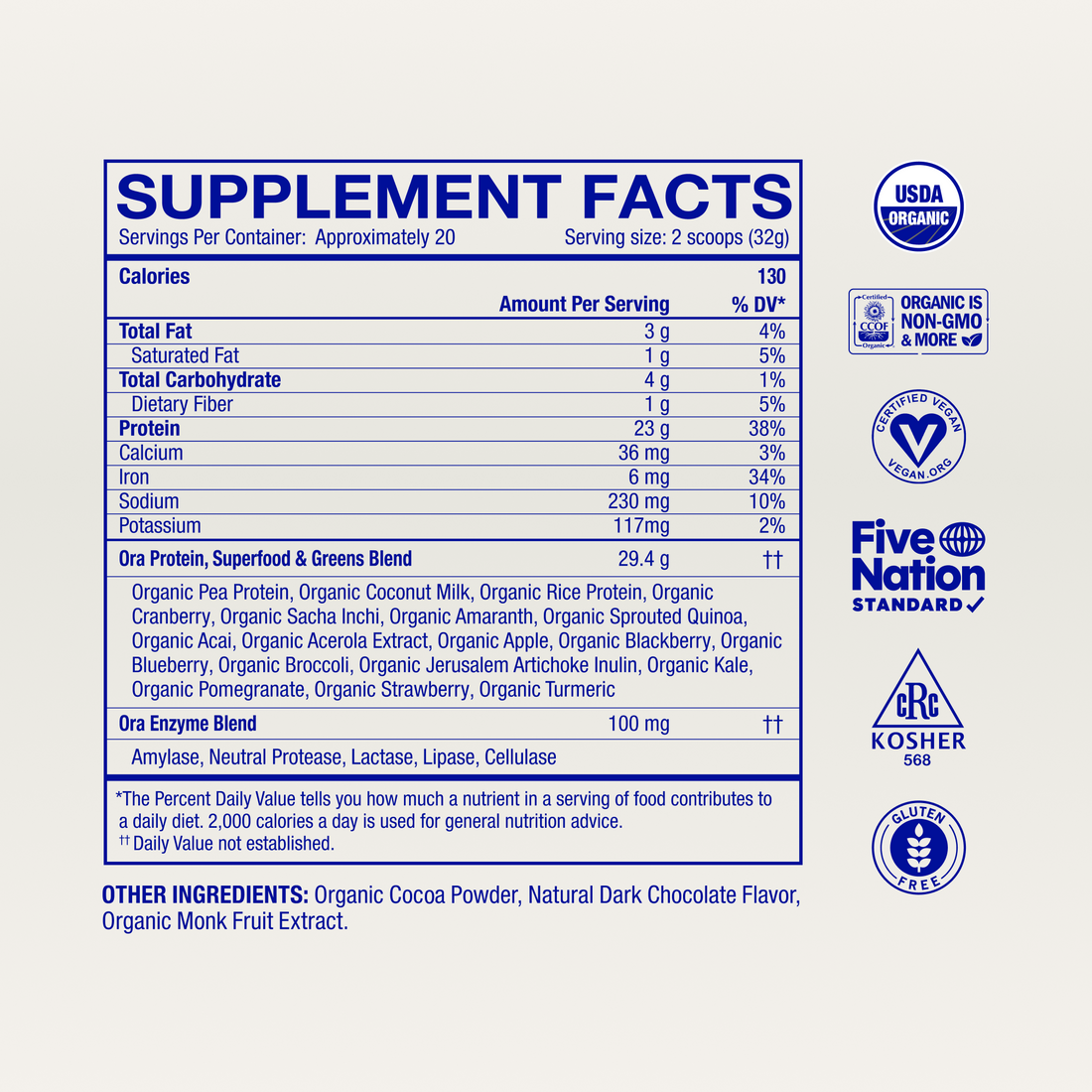 Organic Plant-based Protein Powder supplement facts, Chocolate / 20