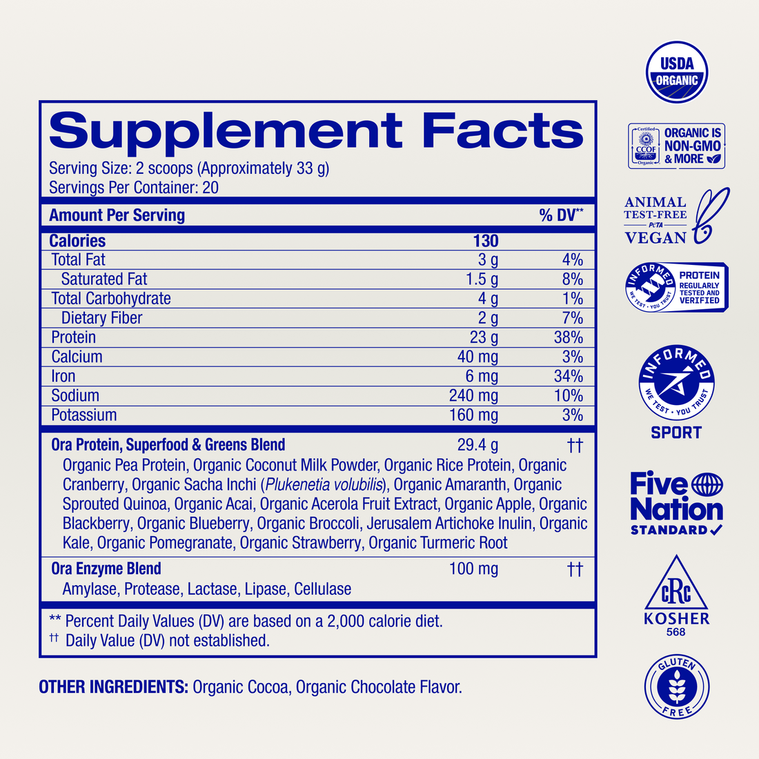 Organic Plant-based Protein Powder supplement facts, Dark Chocolate Unsweetened / 20