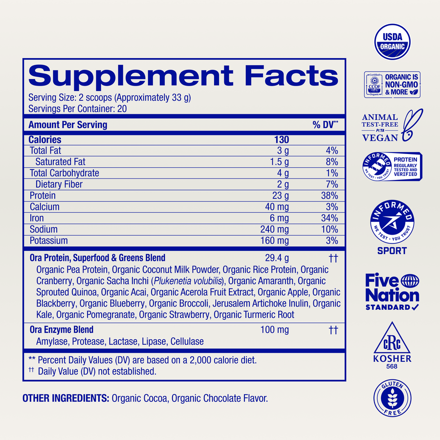 Organic Plant-based Protein Powder supplement facts, Dark Chocolate Unsweetened / 20