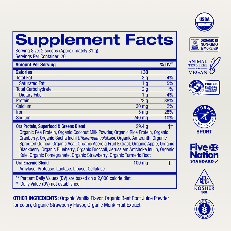 Organic Plant-based Protein Powder supplement facts, Strawberry Vanilla / 20