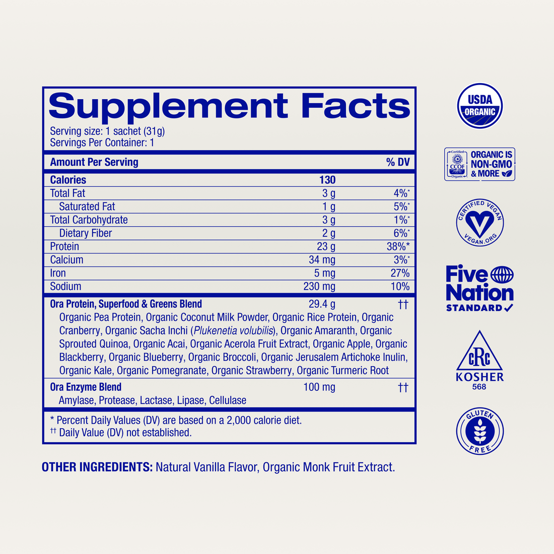 Organic Plant-based Protein Powder - Single Serves supplement facts, Vanilla / 1
