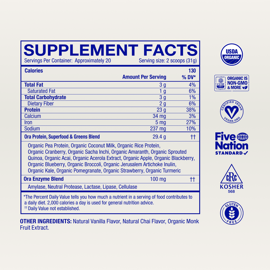 Organic Plant-based Protein Powder supplement facts, Vanilla Chai / 20