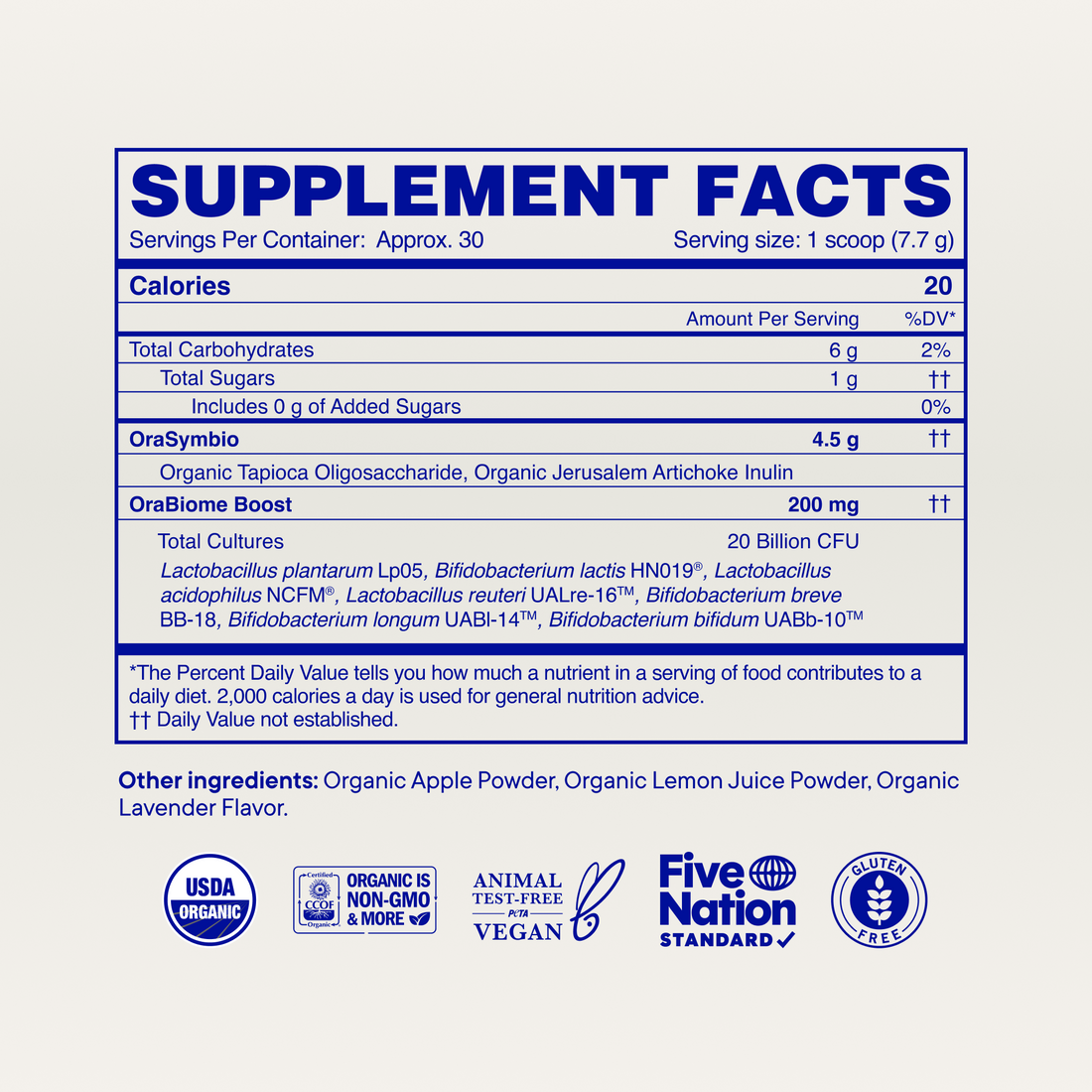 Organic Probiotics with Prebiotics Powder supplement facts, Lavender Lemonade