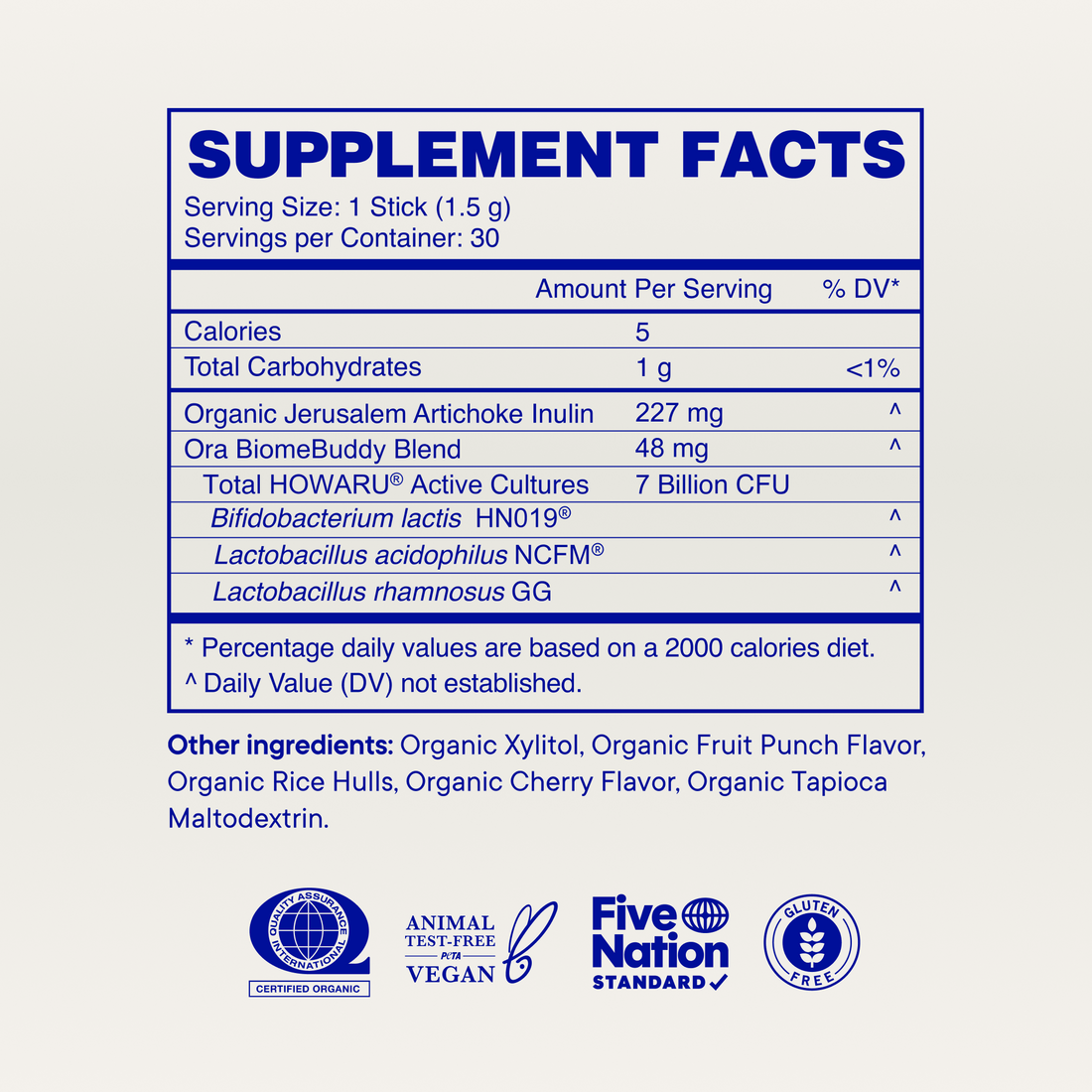 Pre + Probiotic Pixies For Kids supplement facts, Fruit Punch