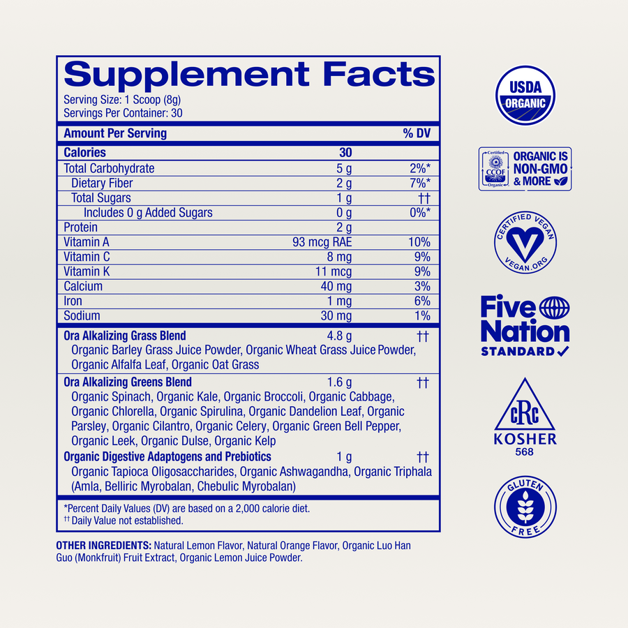 Organic Greens Powder supplement facts, Citrus