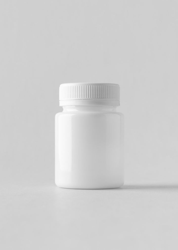 A plain white plastic supplement tub with no label